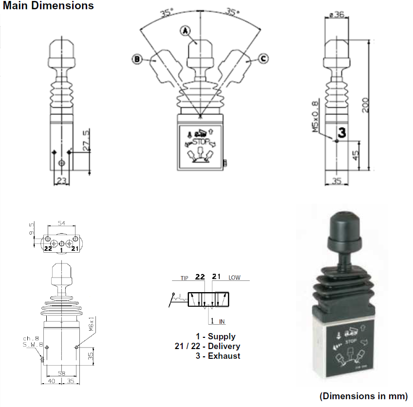 Пневматический джойстик Aber DCM01 с пропорциональным управлением для подъема/опускания кузова - фото 9 - id-p1569614047