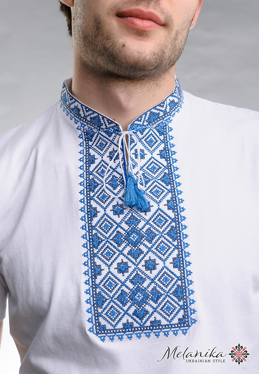 Молодежная футболка для мужчины в этно стиле «Звездное сияние (синяя вышивка)» XXL - фото 2 - id-p1528181325
