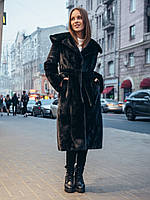 Шуба жіноча зимова з штучного хутра, з капюшоном і поясом - 041 чорний колір