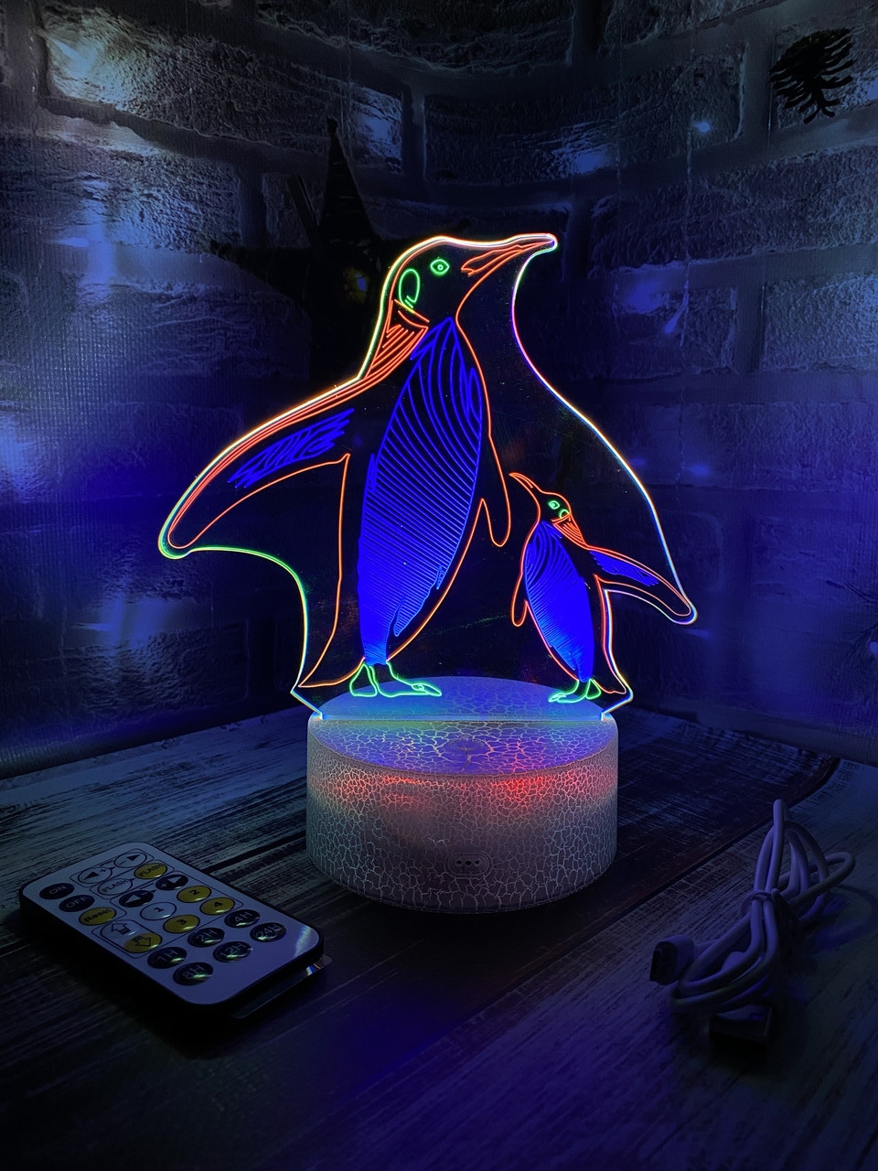 3d-лампа Пінгвіня з мамою, подарунок для дитини, 3D світильник або нічник, 3 кольори на лампі, 4 режими, пульт