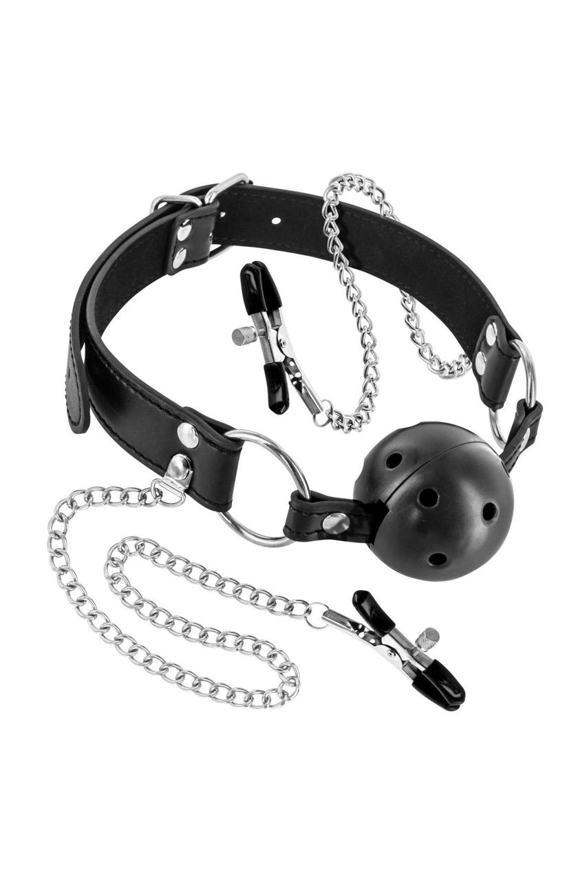 Повітропроникний кляп з затискачами для сосків Fetish Tentation Rigid Gag Ball with Nipple Clamps   | Knopka