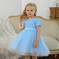 Детское платье голубое блестящее с коротким рукавом нарядное праздничное.Размер 100,110,120,130