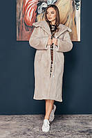 Шуба жіноча зимова з штучного хутра, з капюшоном і поясом - 041 колір перли