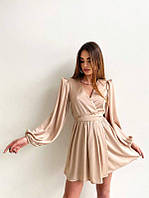 Роскошное женское платье Лаванда на запах из нежнейшего шелка с пышными рукавами Smfl7004