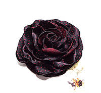 Брошь цветок из черной атласной ткани ручной работы "Роза мелкий горошек"
