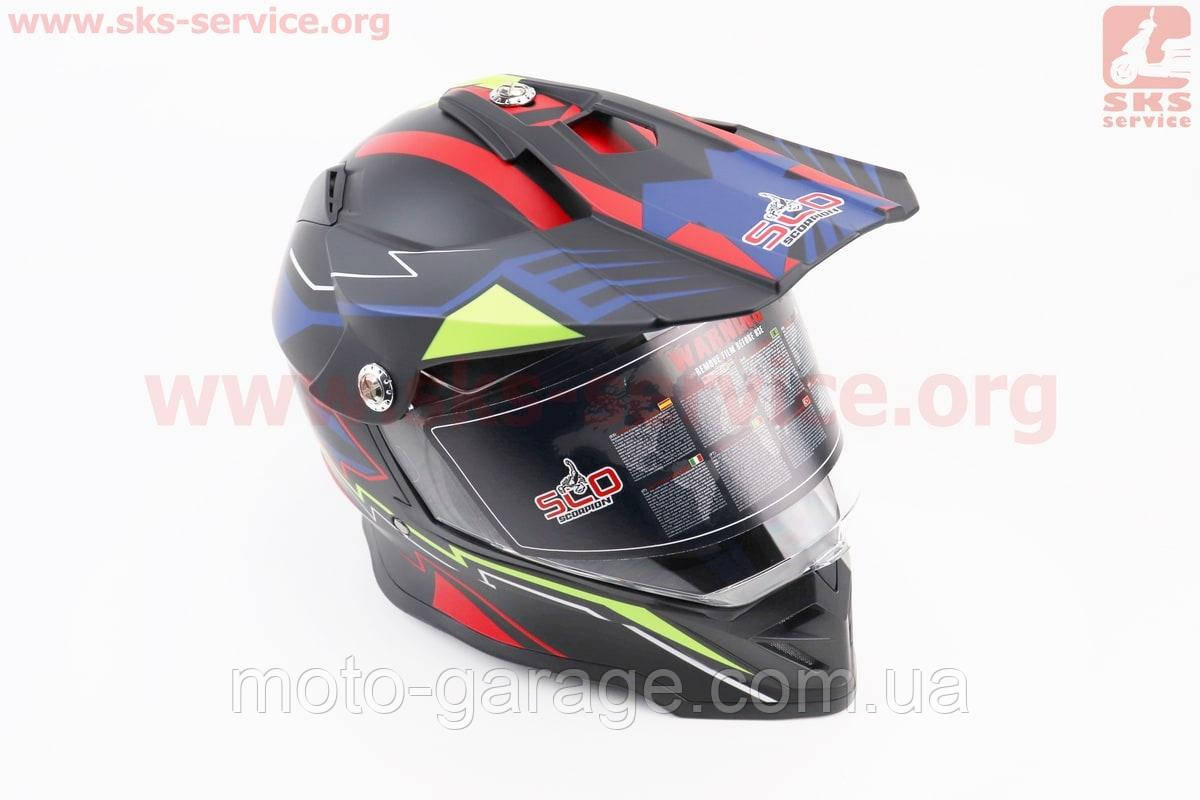 ШЛЕМ КРОСОВИЙ/ЕНДУРО/АТV СО СТЕКЛОМ (СЕРТИФІКАЦІЇ DOT/ECE) SCO-819-7 S (55-56СМ), ЧОРНИЙ МАТОВИЙ С СИНЕ-КРА, фото 1