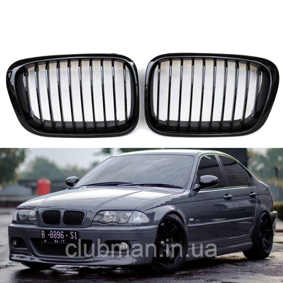 Решітка ноздрі радіатора BMW (БМВ) 3 series E46 (1998-2001) Дорестайл Чорний глянець