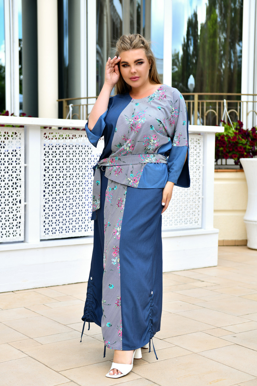 Костюм з довгою і широкою спідницею на зав'язках великих розмірів колір джинс