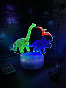 3d-лампа Три динозаври (Трицератопс, Брахіозавр, Птеродактиль) подарунок 3D світильник або нічник, 3 кольори на лампі