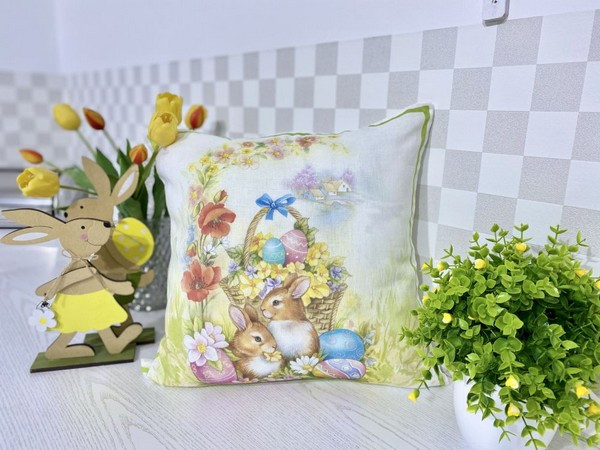 Наволочка великодня лляна з принтом Зайчики 45*45 см NVLP-45, фото 1