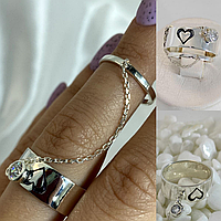 Женское серебряное двойное кольцо с цепочкой и колечком на фалангу