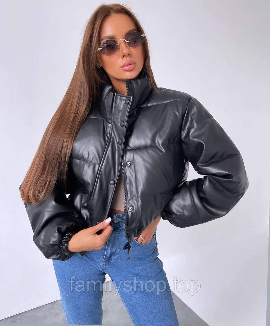 Жіноча зимова куртка з еко-кожі, розміри L, XL чорна, бежева, пляшка