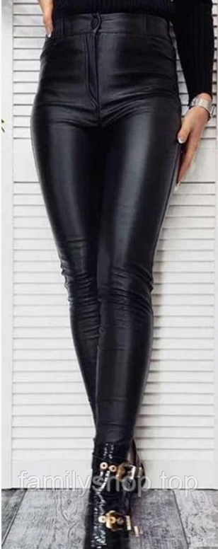 Жіночі штани-лосини з екошкіри теплі на флісі осінньо-зимові повсякденні, розмір 42, 44, 46, 48 колір чорний