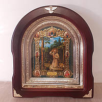 Икона преподобный Серафим Саровский чудотворец, лик 15х18 см, в темном деревянном киоте, арка