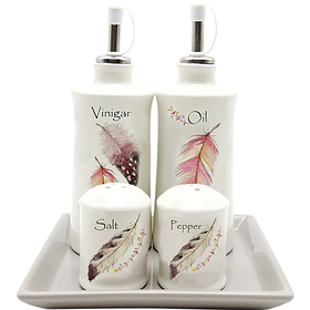 700-06-14 Набір 5 предметів (2 пляшки для олії та оцту, набір для солі та перцю на керамічній підставці) "Флай"