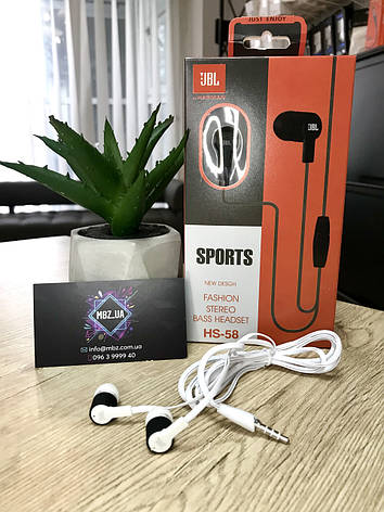 Наушники JBL HS - 58 sports вакуумні дротові з мікрофоном white, фото 2