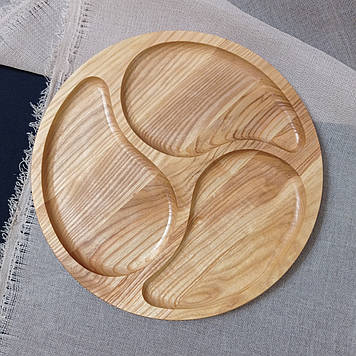 Дошка для подачі страв кругла на 3 секції двостороння з ясеня