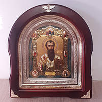 Икона Святитель Василий Великий, лик 15х18 см, в темном деревянном киоте, арка