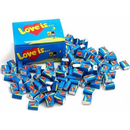Блок жуйок " Love is...Банан-Полуниця.Блок жуйок 100 шт .Упаковка з Лав. Подарунок на день закоханих, фото 2