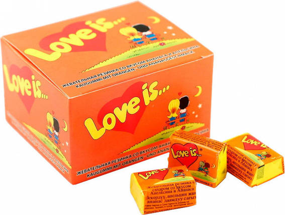 Блок жуйок " Love is...Апельсин-Ананас .Блок жуйок 100 шт .Упаковка з Лав. Подарунок на день закоханих, фото 1