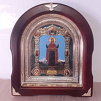 Икона Пресвятой Богородицы Нерушимая стена, лик 15х18 см, в темном деревянном киоте, арка