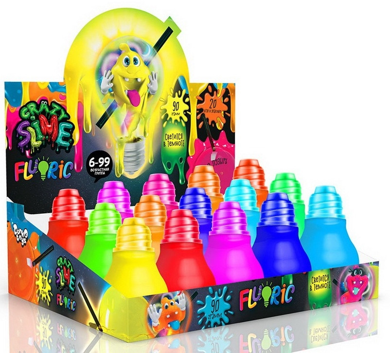Слайм лизун " Crazy Slime Fluoric ", світло. у темряві лампочка, 90гр., рос., 10*4см (20шт)