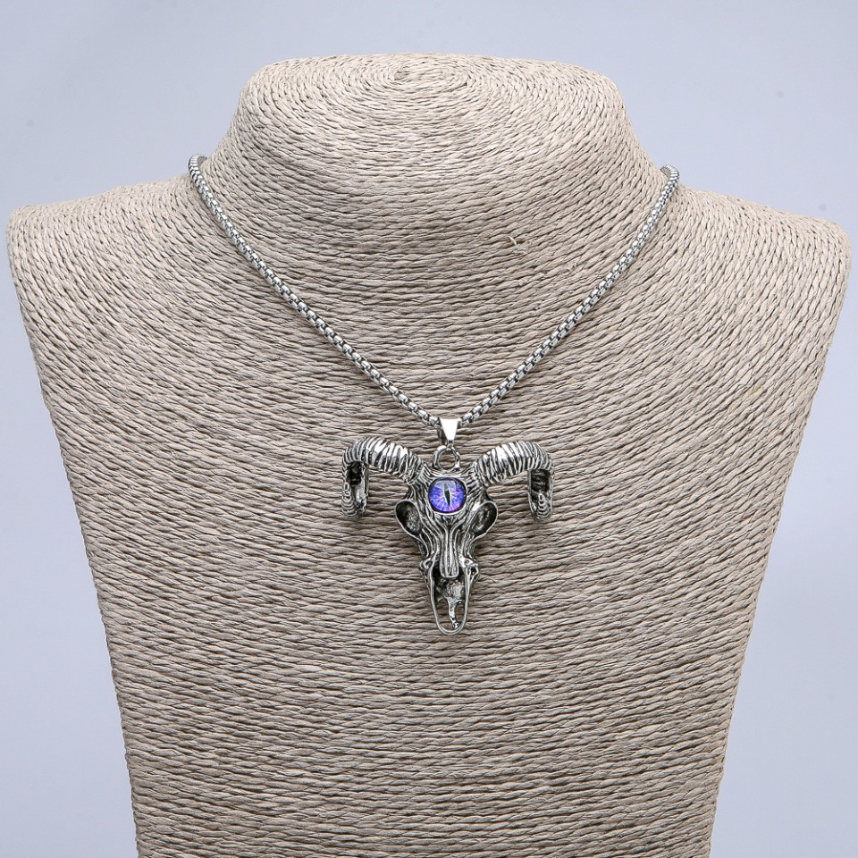 Кулон "Череп козла з оком дракона" 45х45мм на ланцюжку L-70см + - сріблястий метал, фото 1