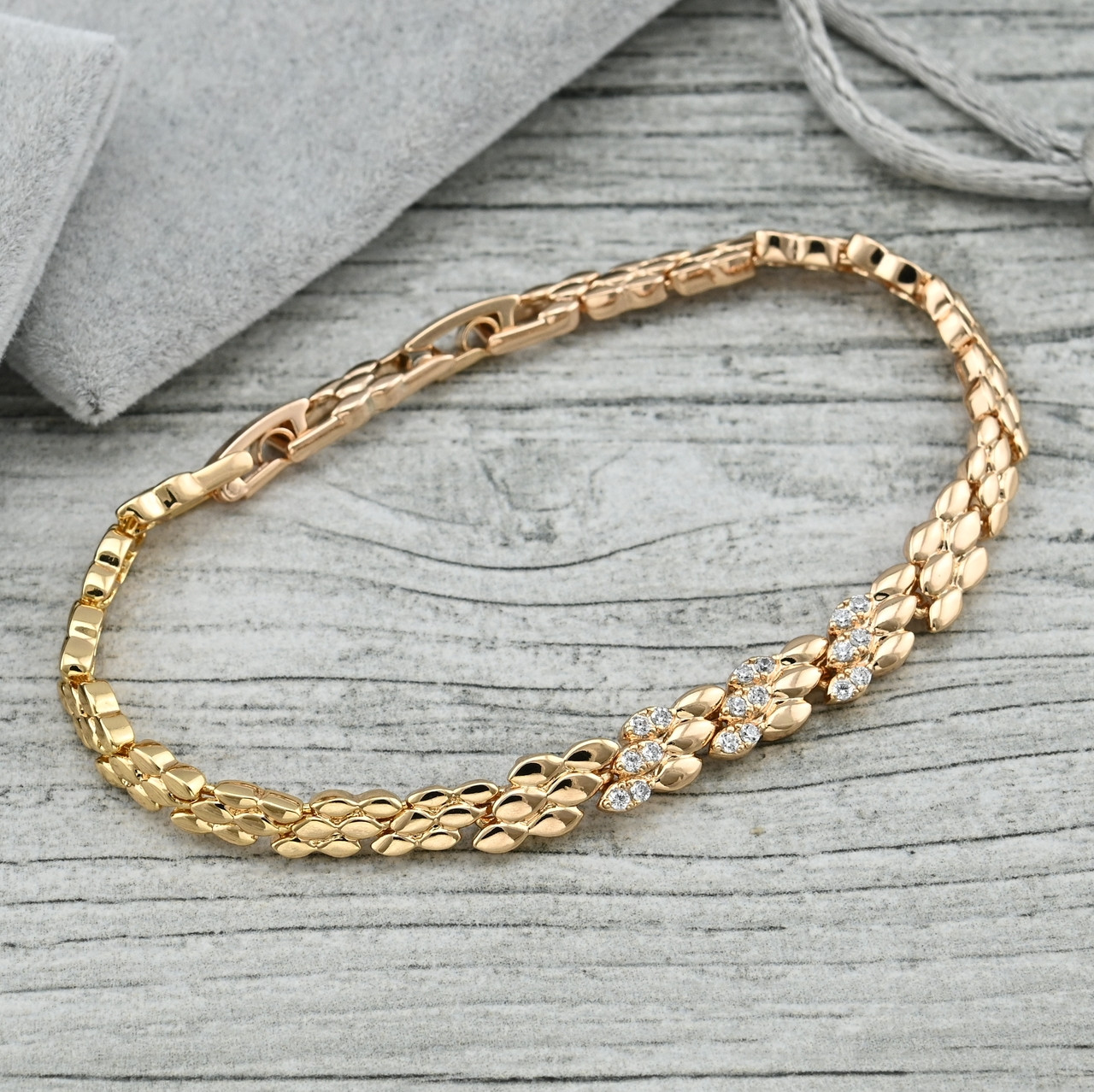 Браслет Белла 36322 ширина 6 мм білі фіаніти позолота 18К довжина 17+2, фото 1