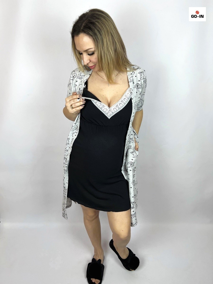 Жіночий комплект для дому халат і сорочка для вагітних і годуючих літній з мереживом чорний 44-54р.