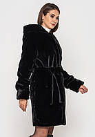 Шуба жіноча зимова з штучного хутра за норку з поясом і капюшоном - 081 чорний колір