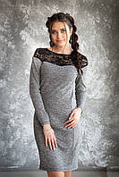 Платье женское серый однотонный без застежки ангора с кружевом миди Актуаль 053, 42