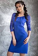 Платье женское синее однотонный на молнии креп с кружевом миди Актуаль 558, 46