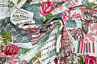 Ткань для поделок,150x100см, 55% лен, 45% хлопок, Цвет Белый, розовый с принтом розы, бабочки, надписи