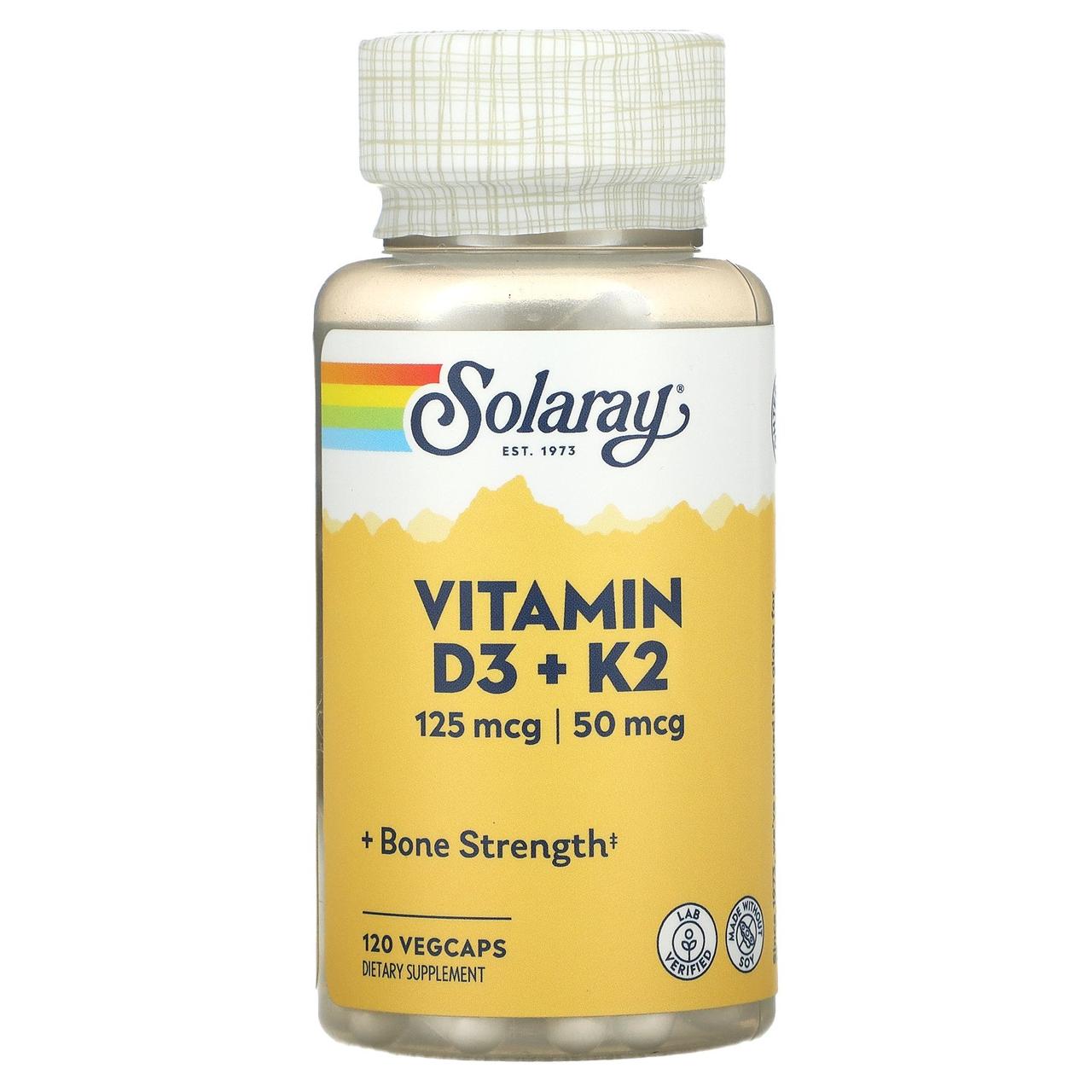 Вітамін Д3 К2, без сої, 120 капсул Solaray,