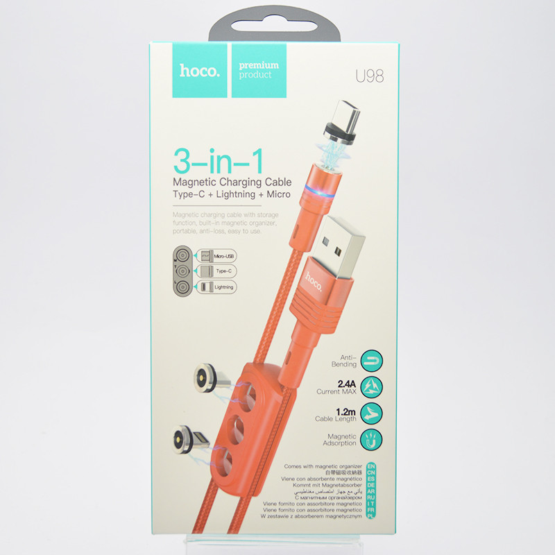 Кабель магнітний 3 в 1 Hoco U98 (Micro/Type-C/Lightning) Red