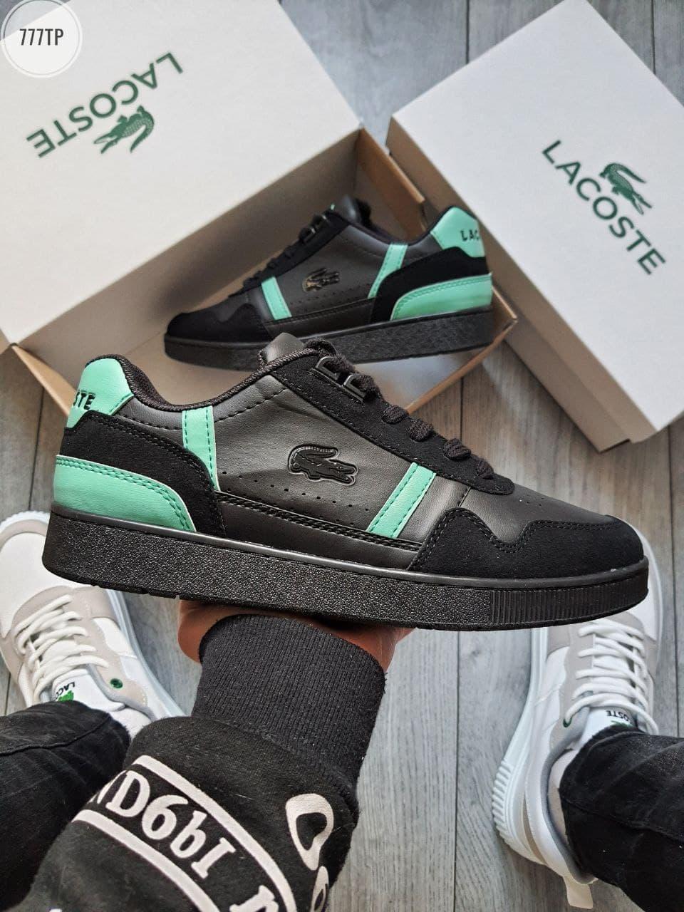 Чорні кросівки Lacoste. Модні чоловічі кроси Лакост із зеленими деталями., фото 1