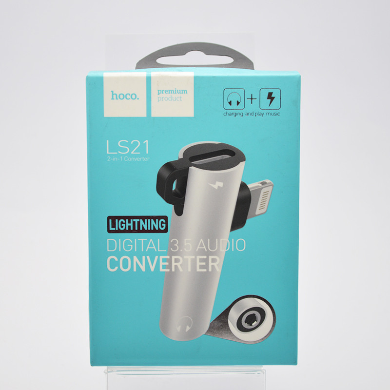 Перехідник HOCO LS21 (Lightning to 3.5 mm & Lightning (F) Adapter) Silver