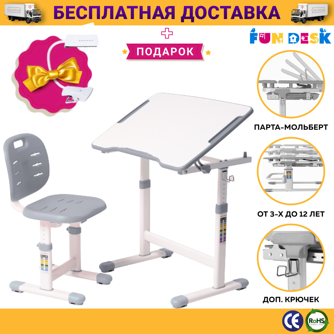 Комплект Парта і Ортопедичний Стілець-Трансформери для Дітей FunDesk OMINO Grey, Комплект Дитячих Меблів