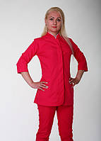 Коралловый - красный женский медицинский костюм из батиста приталенного кроя 42-52