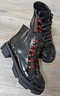 Женские демисезонные ботинки из натурального лака и кожи камуфляж на шнуровке с застёжками молниями р.36-41
