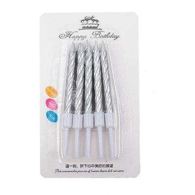 Свічки для торта срібні металік з підставкою, 10 штук