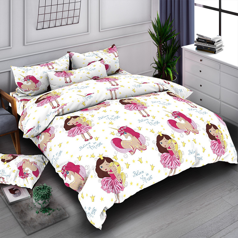 Простирадло 150х220 (Бязь) | Полуторне простирадло від виробника "Королева Ночі" | Єдиноріг та принцеса, фото 1