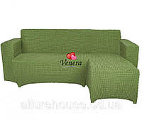 Чехол натяжной на угловой диван с выступом оттоманкой MILANO оливковый. Чехол полностью обтянет ваш диван