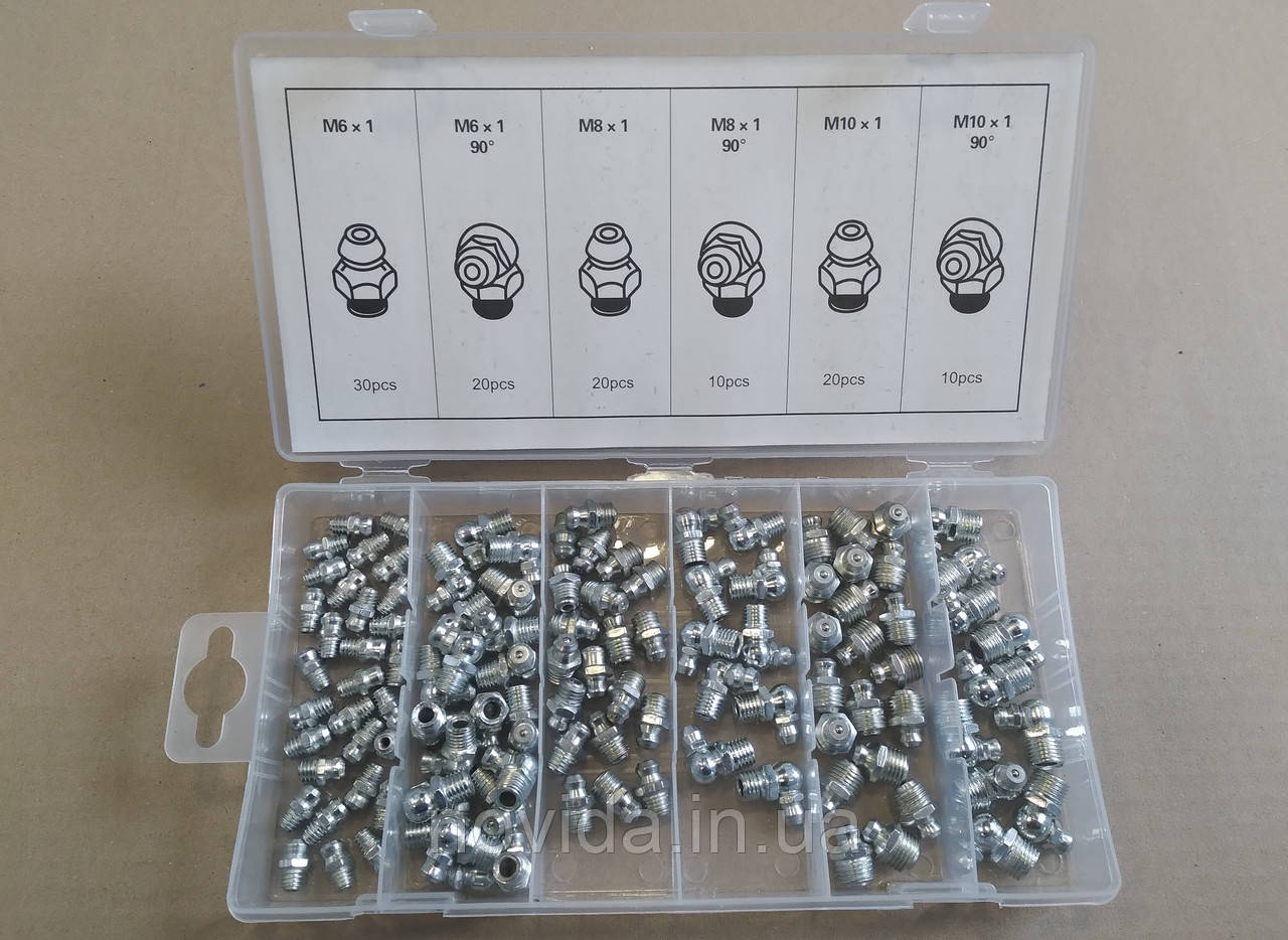Набір прес-маслю, 110 шт. М6, М8, М10. Прямі та кутові 90гр. (RIDER) RD11110ZK