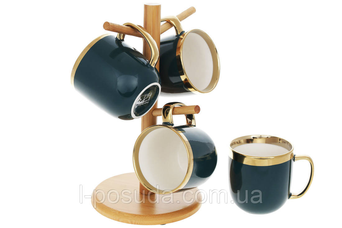 Темно-зелені порцелянові чашки 320 мл набір 4 шт з бамбуковою стійкою, фото 1