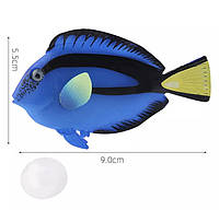 Искусственная рыбка Хирург, синяя, силиконовая и люминисцентная (светящая )декор в аквариум - размер 9*5,5 см