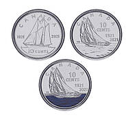 Канада набор из 3 монет по 10 центов 2021 UNC 100 лет шхуне Bluenose
