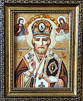 Икона именная з янтаря Св.Николай Чудотворец , ікона з бурштину Св. Миколай Чудотворець 15x20 см