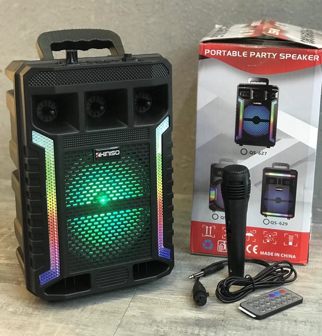 Портативна колонка Kimiso QS-627 з мікрофоном і світломузкою (USB/BT/FM)