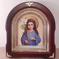 Икона Божьей Матери Трилествующая, лик 15х18 см, в темном деревянном киоте, арка